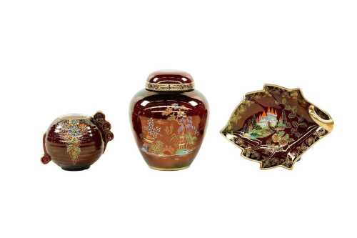 Three Crown Devon gilt and hand-painted porcelain pieces