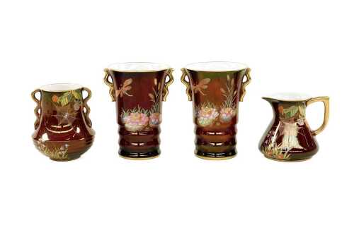 Four Carlton Ware Rouge Royale vases, together with plaque
