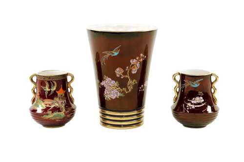 Three Carlton Ware Rouge Royale hand-painted porcelain vases, together with plaque