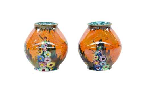 Pair of Carlton Ware 'Garden' Art Deco orange lustre porcelain vases