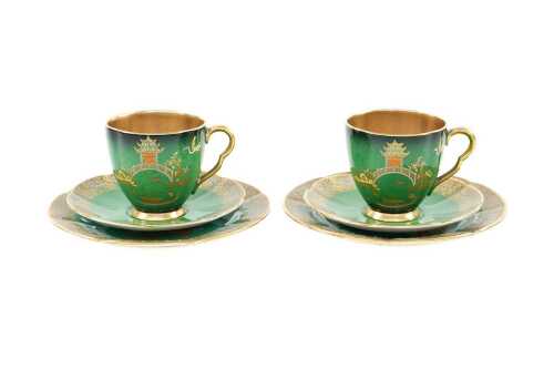 Two Carlton Ware Verte Royale 'New Mikado' porcelain trios