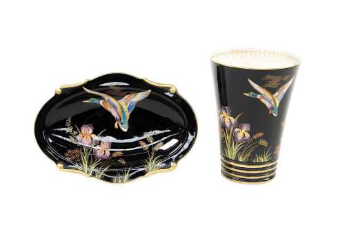Two Carlton Ware Noire Royale 'Mallard Duck' porcelain pieces