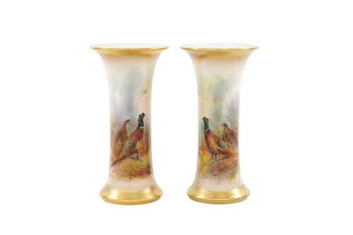 Royal Worcester James Stinton pair of hand painted porcelain vases, 1936