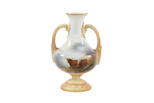 Royal Worcester Harry Stinton hand painted porcelain twin handled vase, 1908