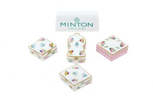Five Minton porcelain pieces, including four trinket boxes