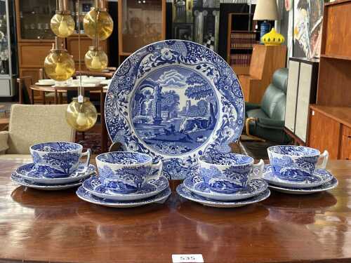 Spode 'Italian' blue and white porcelain tea setting for four, together with a vintage Copeland Spode cake plate