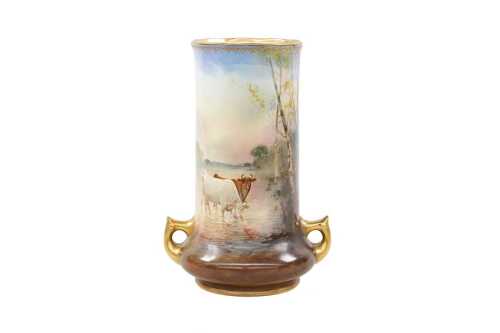 Antique Royal Doulton twin handled porcelain vase hand painted by Joseph Hancock