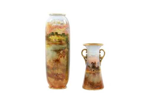 Two antique Royal Doulton porcelain vases hand coloured by John Hugh Plant