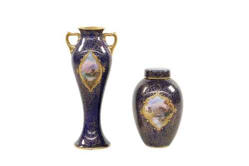 Two antique Royal Doulton porcelain pieces with hand-painted scenes to cartouches