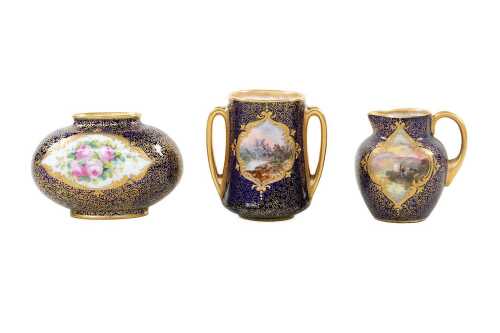 Three antique Royal Doulton porcelain pieces with hand-painted scenes to cartouches