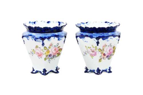 Pair of antique Royal Crown Derby hexagonal form porcelain vases