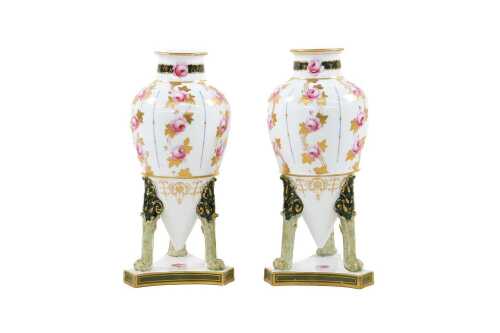 Pair of antique Royal Crown Derby tri-footed vases
