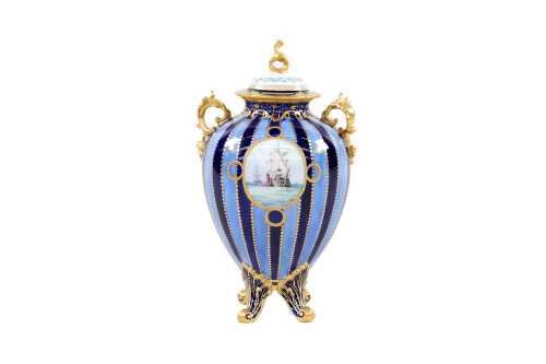 Antique Crown Derby miniature gilded porcelain urn with hand-painted nautical design to cartouche by W.E.J. Dean
