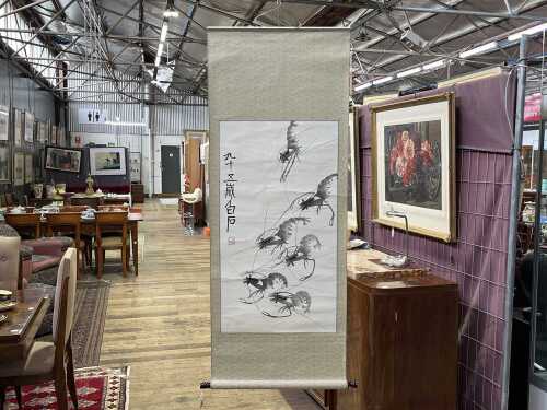 Traditional Chinese ink-wash scroll featuring freshwater shrimps