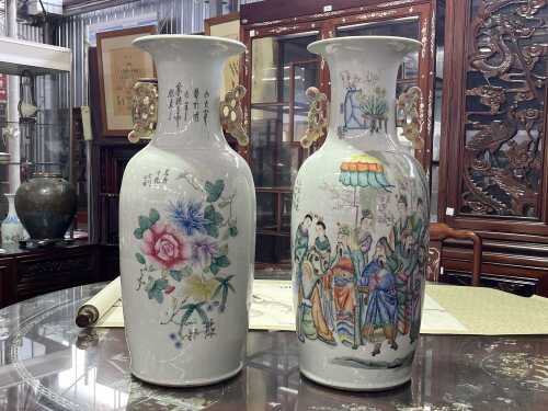 Pair of Fen Cai twin ear porcelain vases
