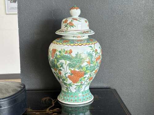 Chinese famille vert ceramic ginger jar with dragon and floral design
