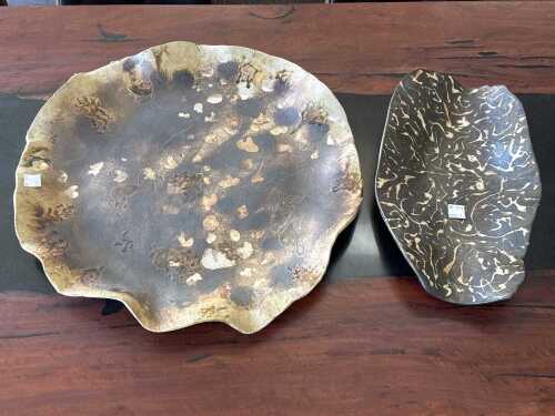Two studio pottery freeform centerpiece bowls in earthy tones