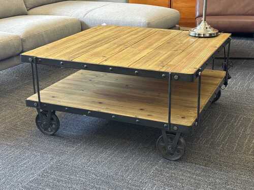 Timber and metal coffee table on castors