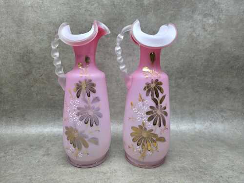 Pair of Victorian satin glass mantel jugs