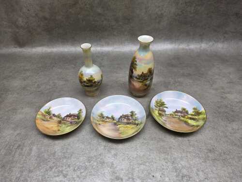 Five pieces of Royal Worcester porcelain depicting village scenes