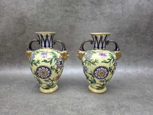 Pair of Crown Derby twin-handled porcelain vases
