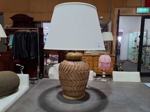 Brown glazed geometric lamp with cream fabric shade
