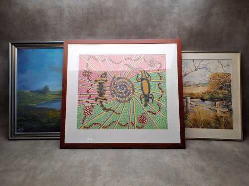 Three Australian artworks including 2x landscapes and an Indigenous-inspired painting