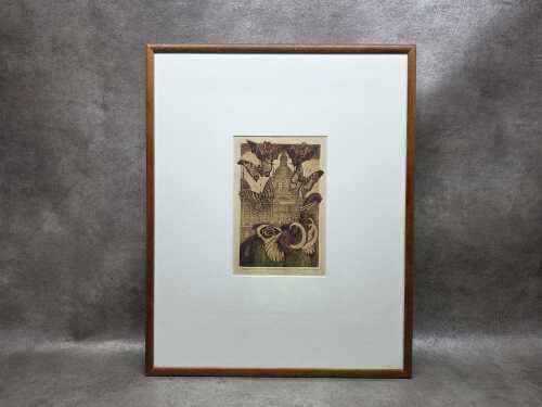 Artist unknown, surrealist scene with elephants, butterflies and bats, 1995. Etching on paper