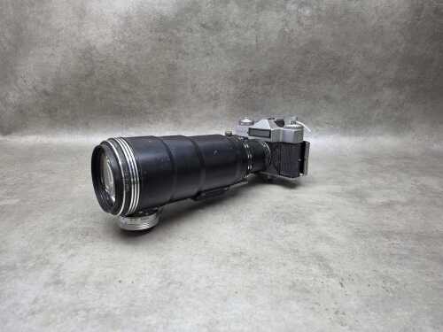 Soviet Zenit ES film camera with Tair 3FS 300mm f4.5 telephoto lens