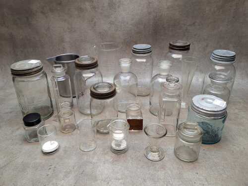 Early glass bottles, apothecary jars and beakers