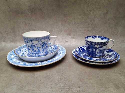 Three Royal Crown Derby porcelain trios, together with footed sweets dish