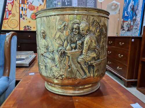 Brass planter with tavern scene