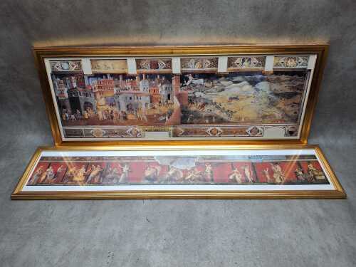 Two prints of Italian artworks in gilded frames, including Lorenzetti