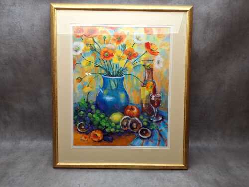 G. Gray, still life of poppies and fruit. Oil painting on board