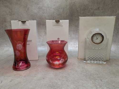Three boxed glass items, including Stuart Crystal 'Beaconsfield' 6" clock