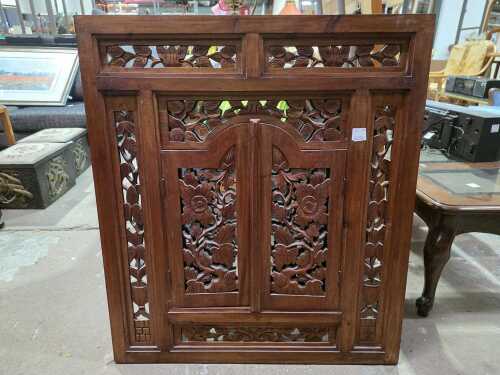 Balinese timber mirror with intricate openwork leaf carving