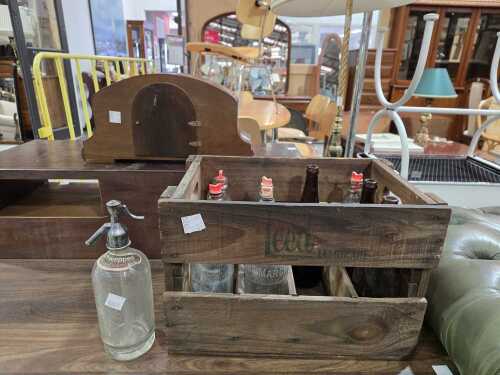 'Drink Leeds Lemonade' timber crate filled with various glass bottles