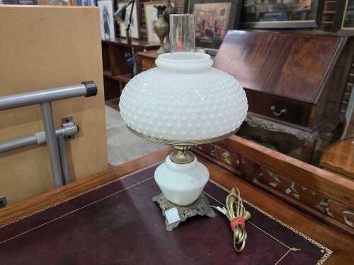 White glass hurricane lamp with hobnail shade