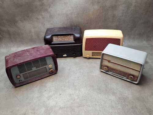 Four radios including HMV bakerliite valve radio
