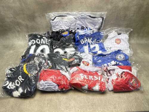 New soccer uniforms with English Club logos including Manchester United, Chelsea, Arsenal, etc.