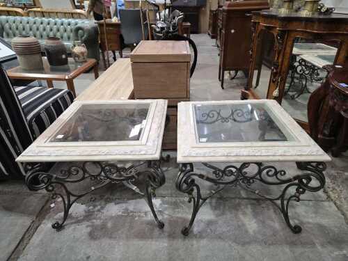Pair of glass-top coffee tables with stone surrounds