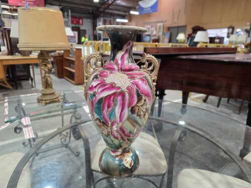 Green and gold ceramic two-handled vase