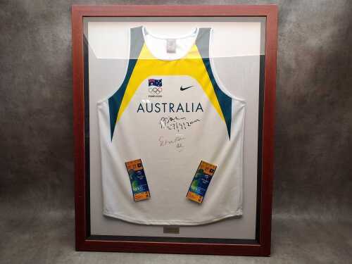 Framed Sebastian Coe and John Stephen Akhwari signed Sydney 2000 Olympic jersey