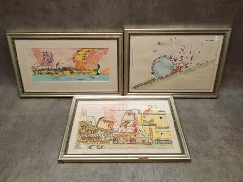 George Piecha, stick figure illustrations (3). Three framed coloured pencil and ink drawings on paper