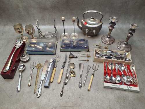 Metalware items, including spirit kettle
