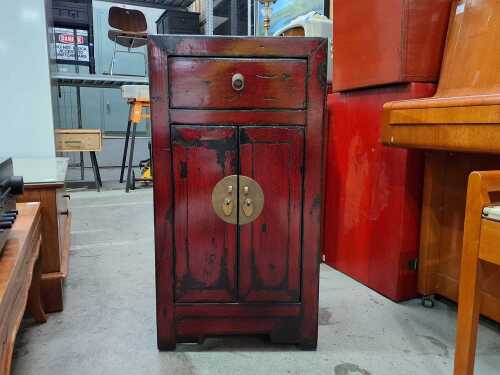 Chinese red lacquer timber bedside cabinet