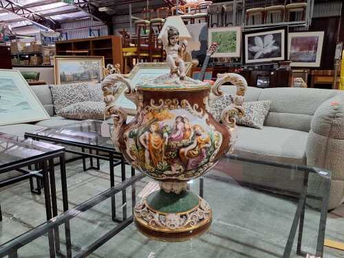 Capodimonte porcelain twin-handled centrepiece urn