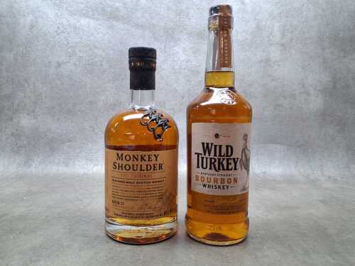 Wild Turkey Bourbon and Monkey Shoulder, two bottles