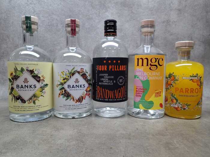Mixed gin and non-alcoholic spirits, five bottles
