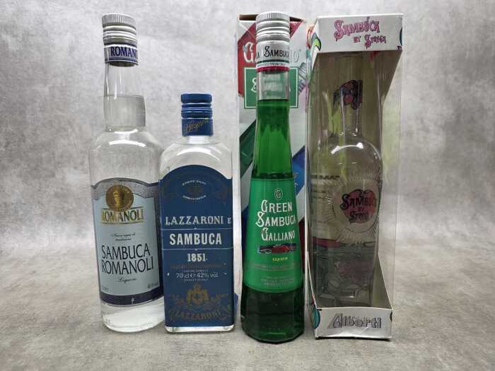 Mixed sambuca liqueurs, four bottles